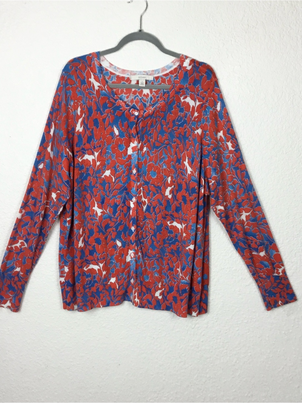 Floral Button-Front Long Sleeve Top - Red & Blue